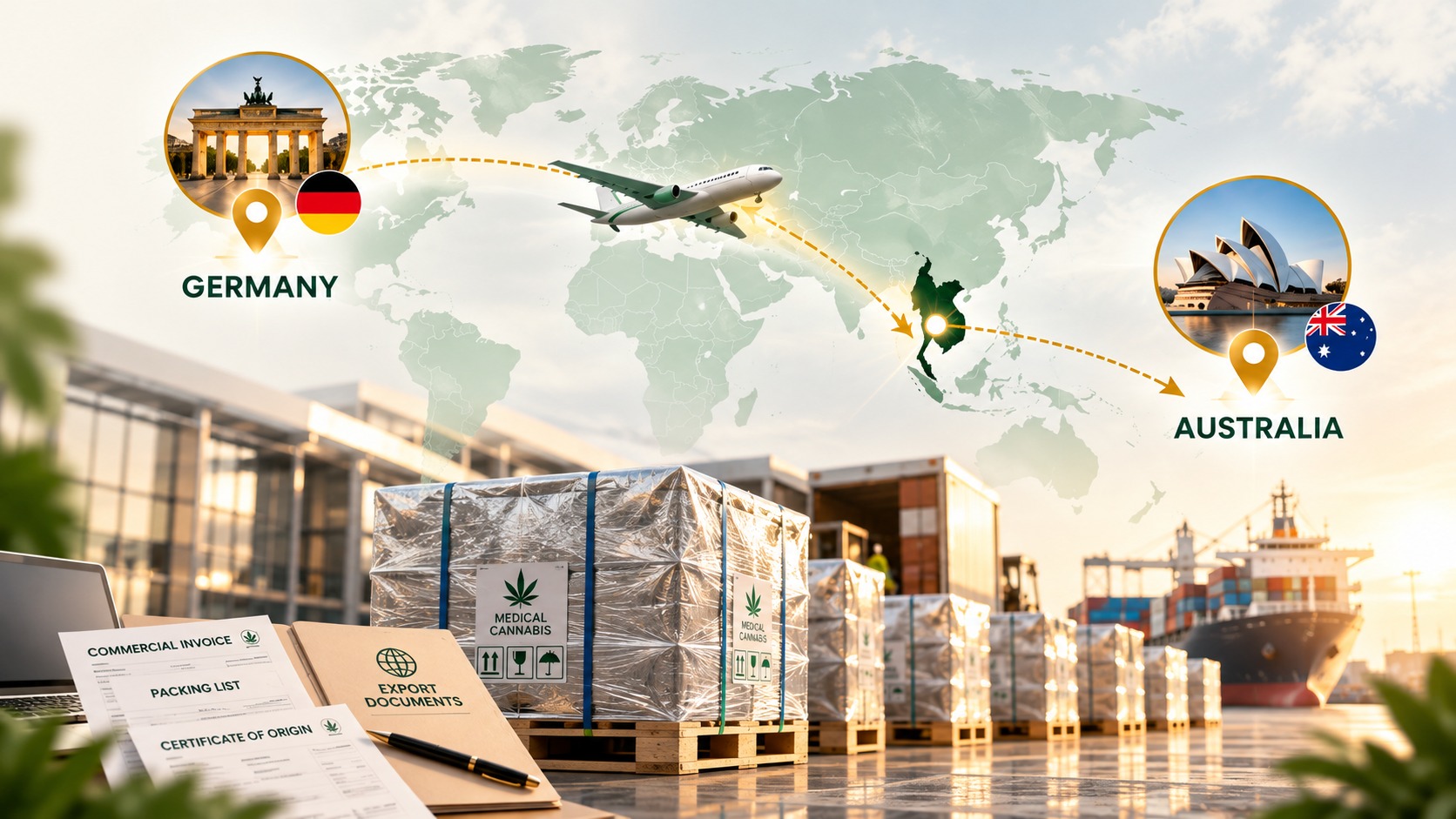 Export coordination: logistics, commercial documents, cargo and shipping routes from Thailand to Germany and Australia